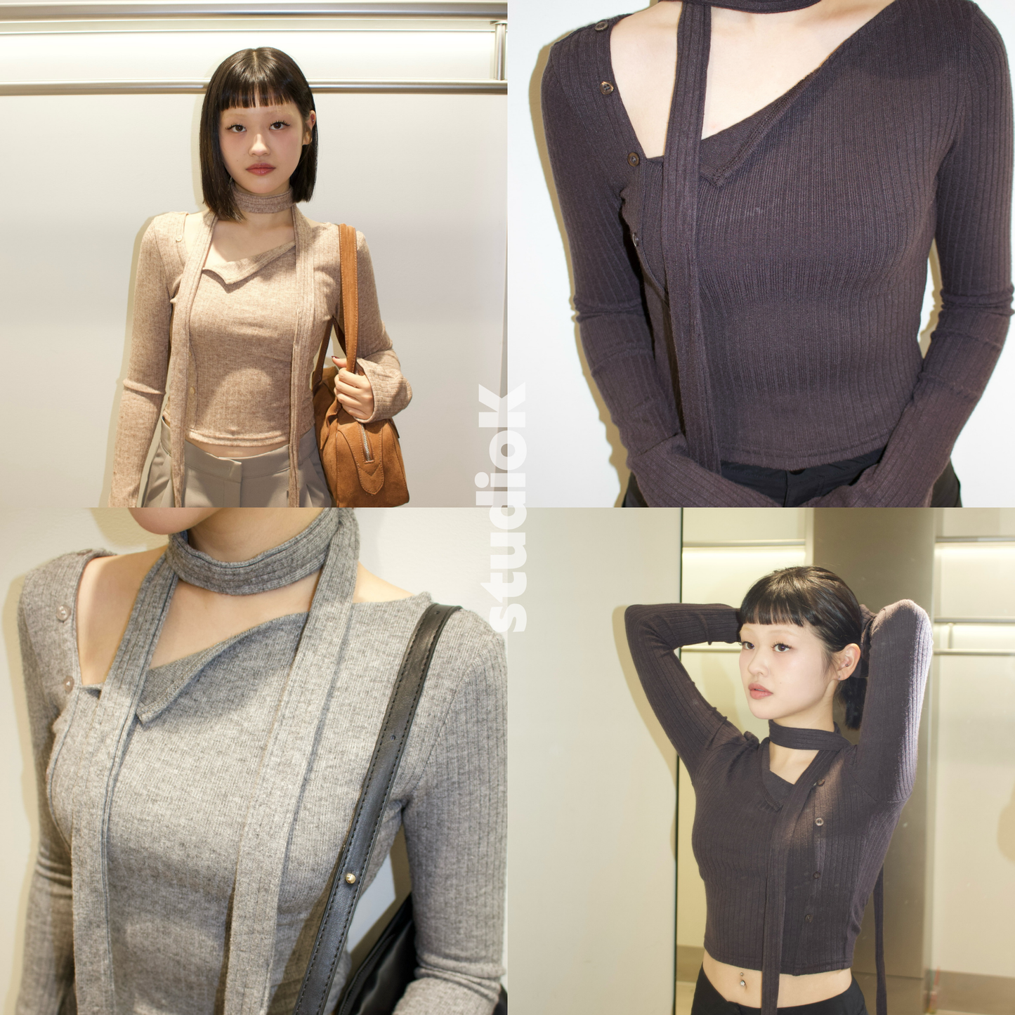 Asymmetrical Button Long Sleeve & Scarf Set (3c.)
