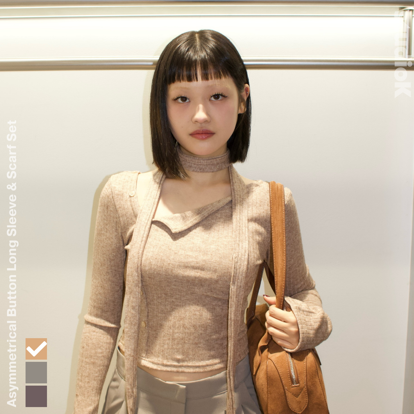 Asymmetrical Button Long Sleeve & Scarf Set (3c.)
