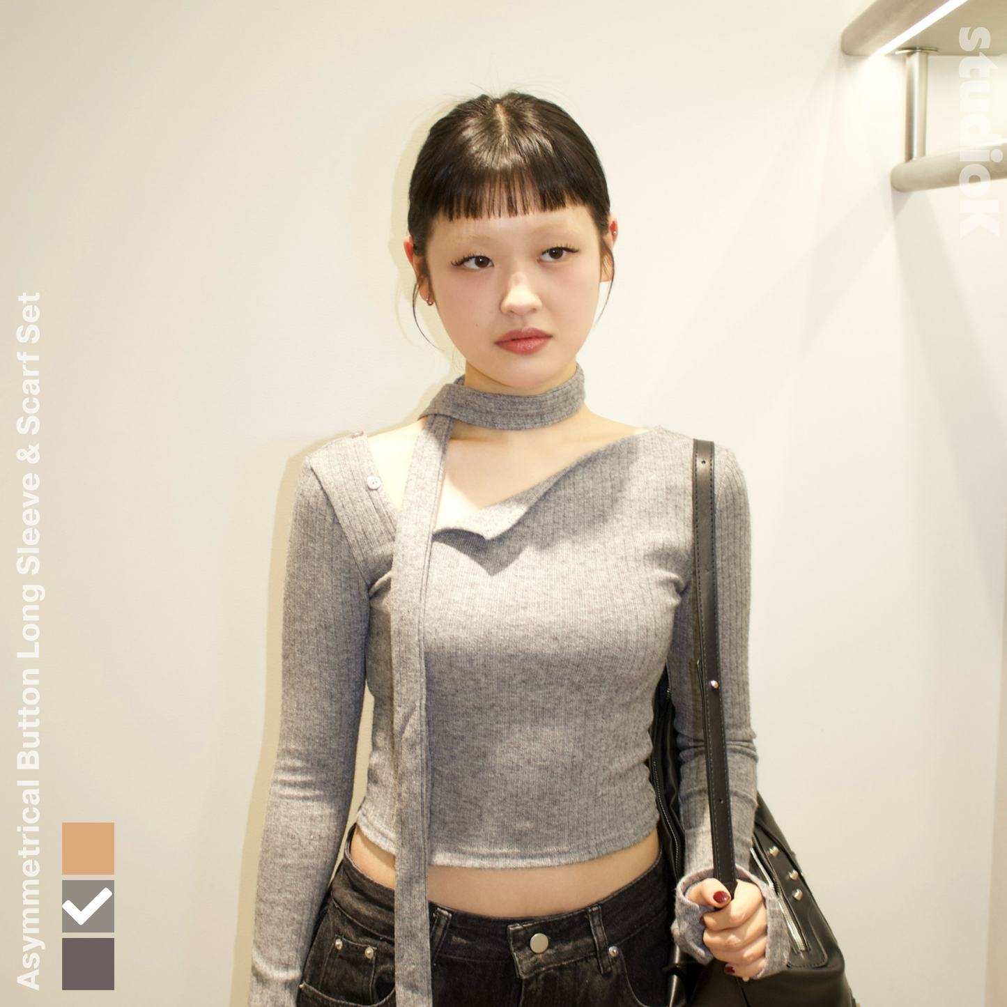 Asymmetrical Button Long Sleeve & Scarf Set (3c.)