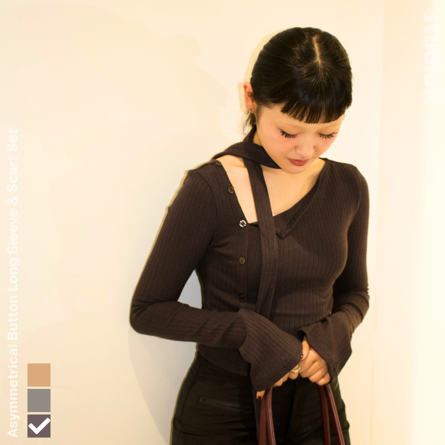 Asymmetrical Button Long Sleeve & Scarf Set (3c.)