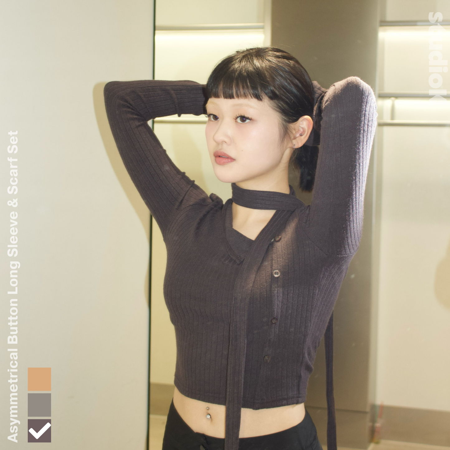 Asymmetrical Button Long Sleeve & Scarf Set (3c.)