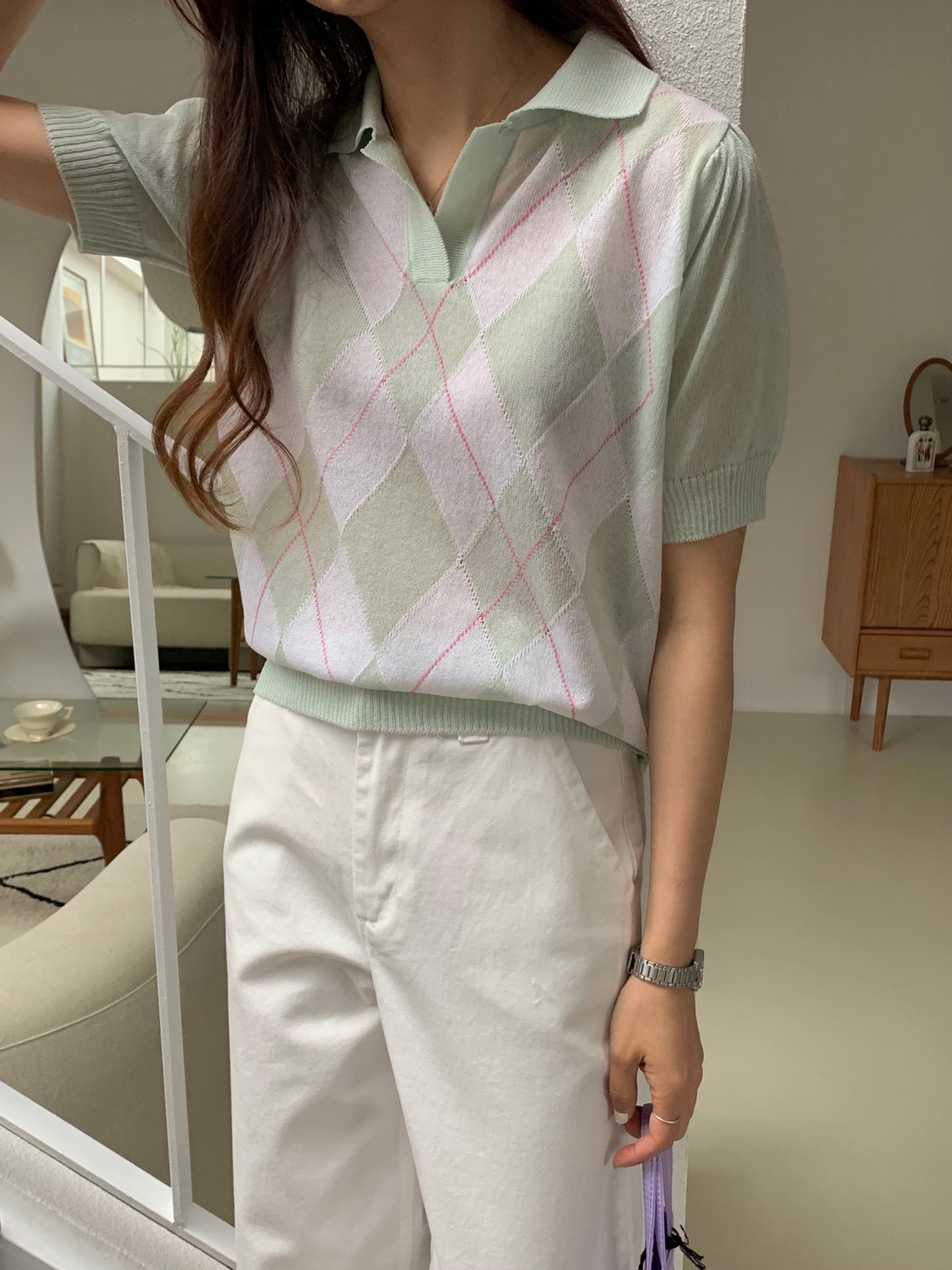 Argyle Pattern Collar Half Sleeve