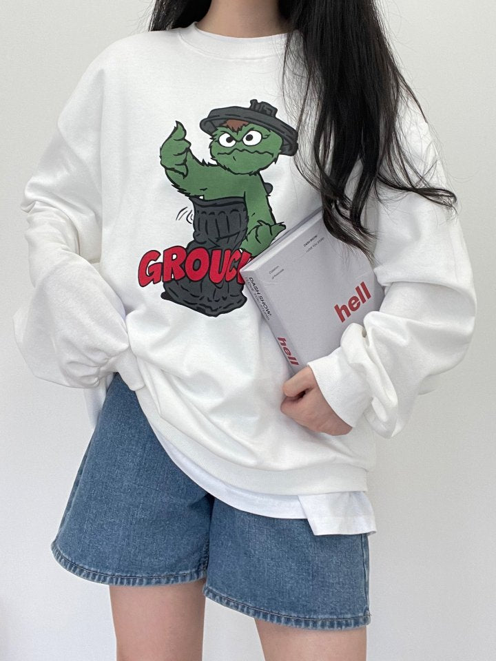 Graphic Oversized Crew Neck Jumper (Grouchy)