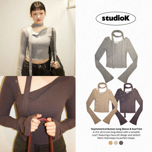 Asymmetrical Button Long Sleeve & Scarf Set (3c.)