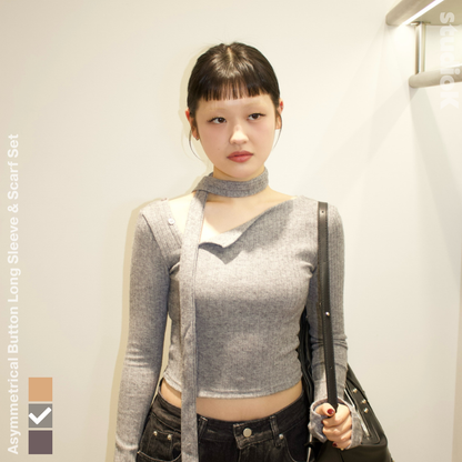 Asymmetrical Button Long Sleeve & Scarf Set (3c.)