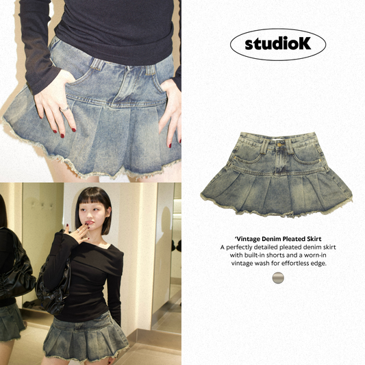 Vintage Denim Pleated Skirt