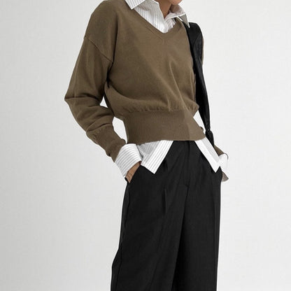 Wool Blended V Neck Knit Top (4c.)