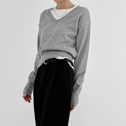 Wool Blended V Neck Knit Top (4c.)
