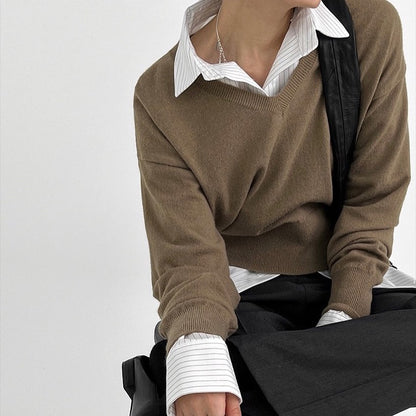 Wool Blended V Neck Knit Top (4c.)