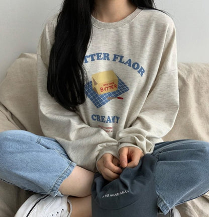 "Butter Flavor" Graphic Oversized Crew Neck Jumper (2c.)