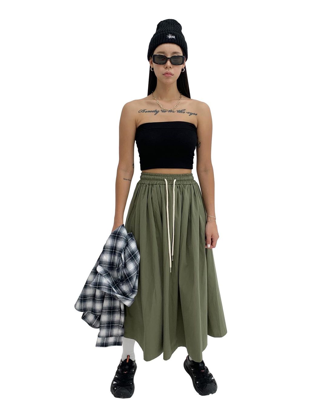 Drawstring A Line Midi Skirt