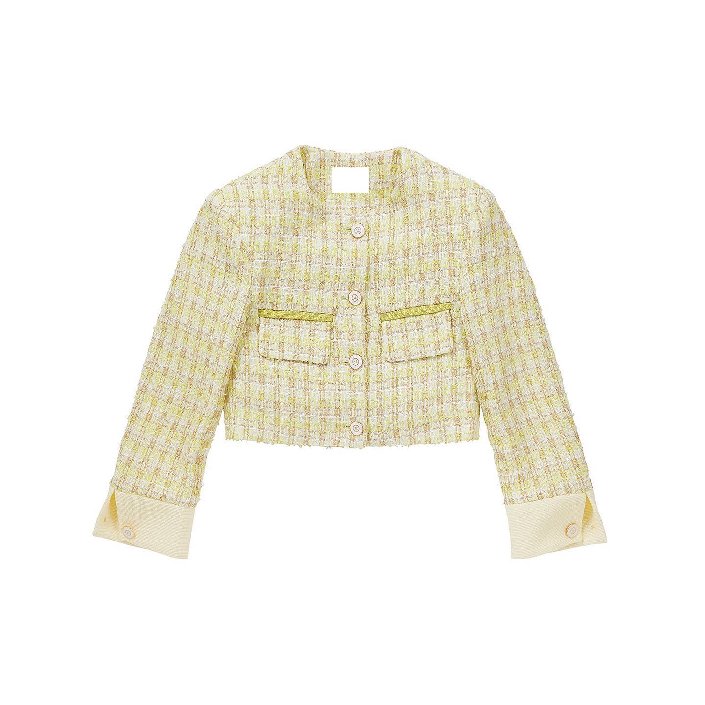 Checkered Green & Yellow Tweed Crop Jacket