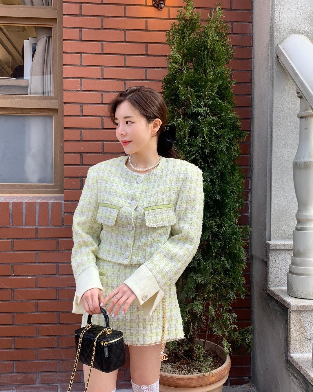 Checkered Green & Yellow Tweed Crop Jacket