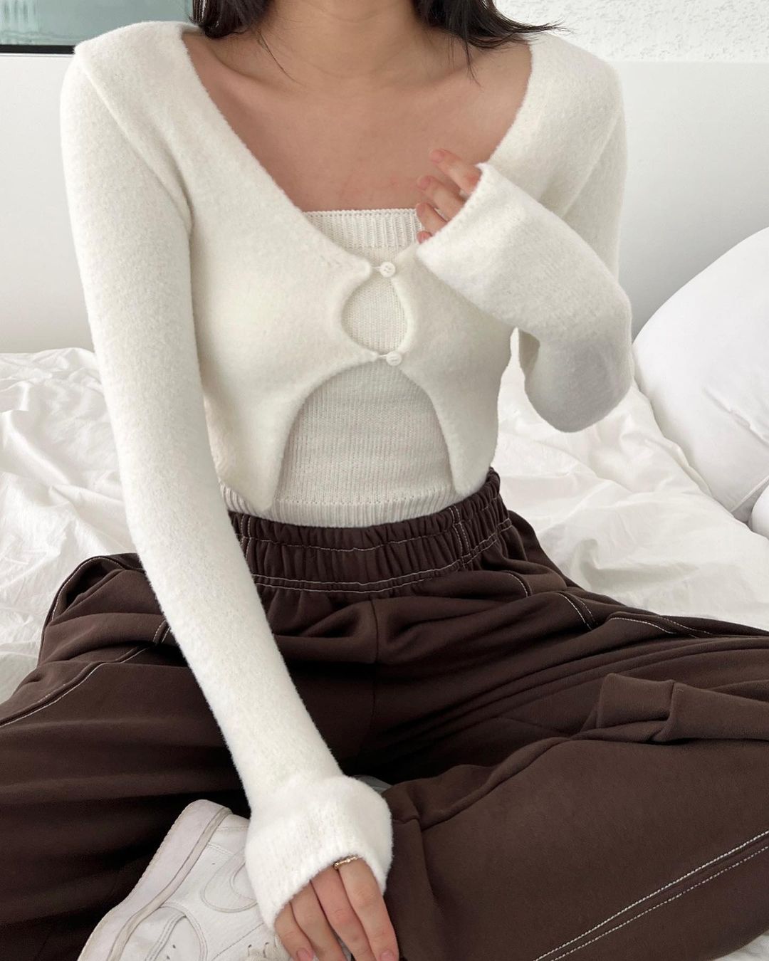 Fluffy Textured Hook & Eye Long Sleeve Top