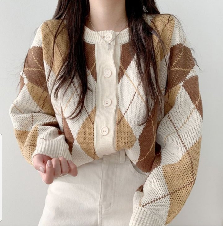 Argyle Pattern Drop Shoulder Cardigan