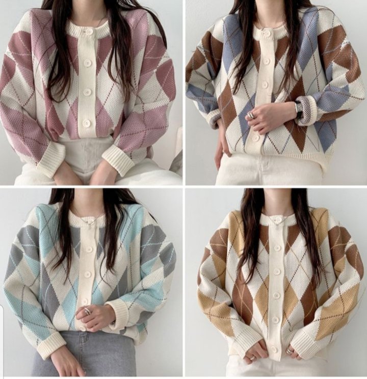 Argyle Pattern Drop Shoulder Cardigan